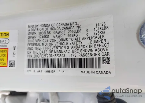2024 Honda Civic Lx from USA, damaged, VIN 2HGFE2F20RH523593